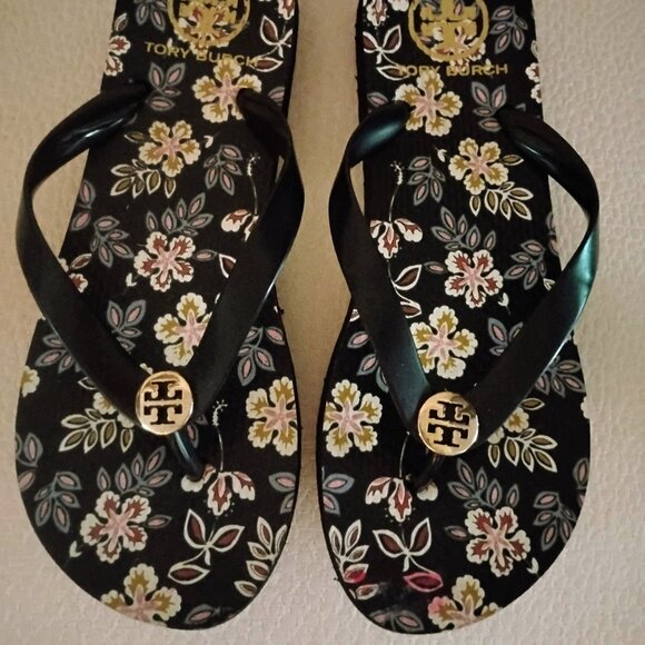 Tory Burch Black Floral Flip Flops Size 9 - Picture 1 of 3